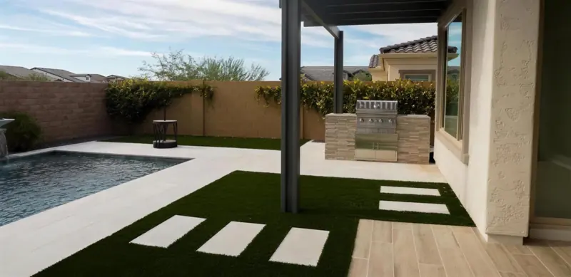 Outdoor kitchen beside the pool, filmed by Maken Media