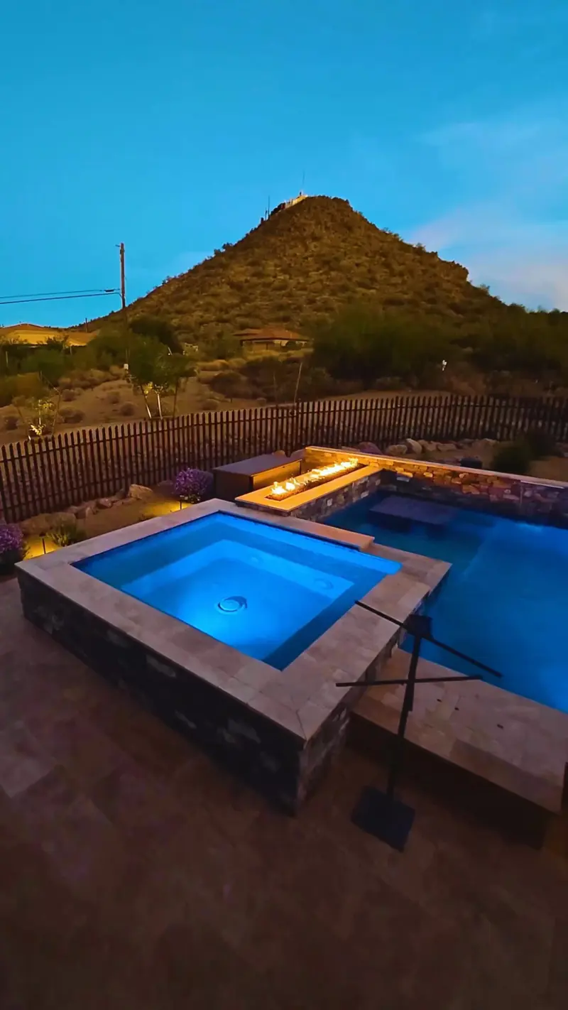 Spa and fire wall at dusk, filmed by Maken Media