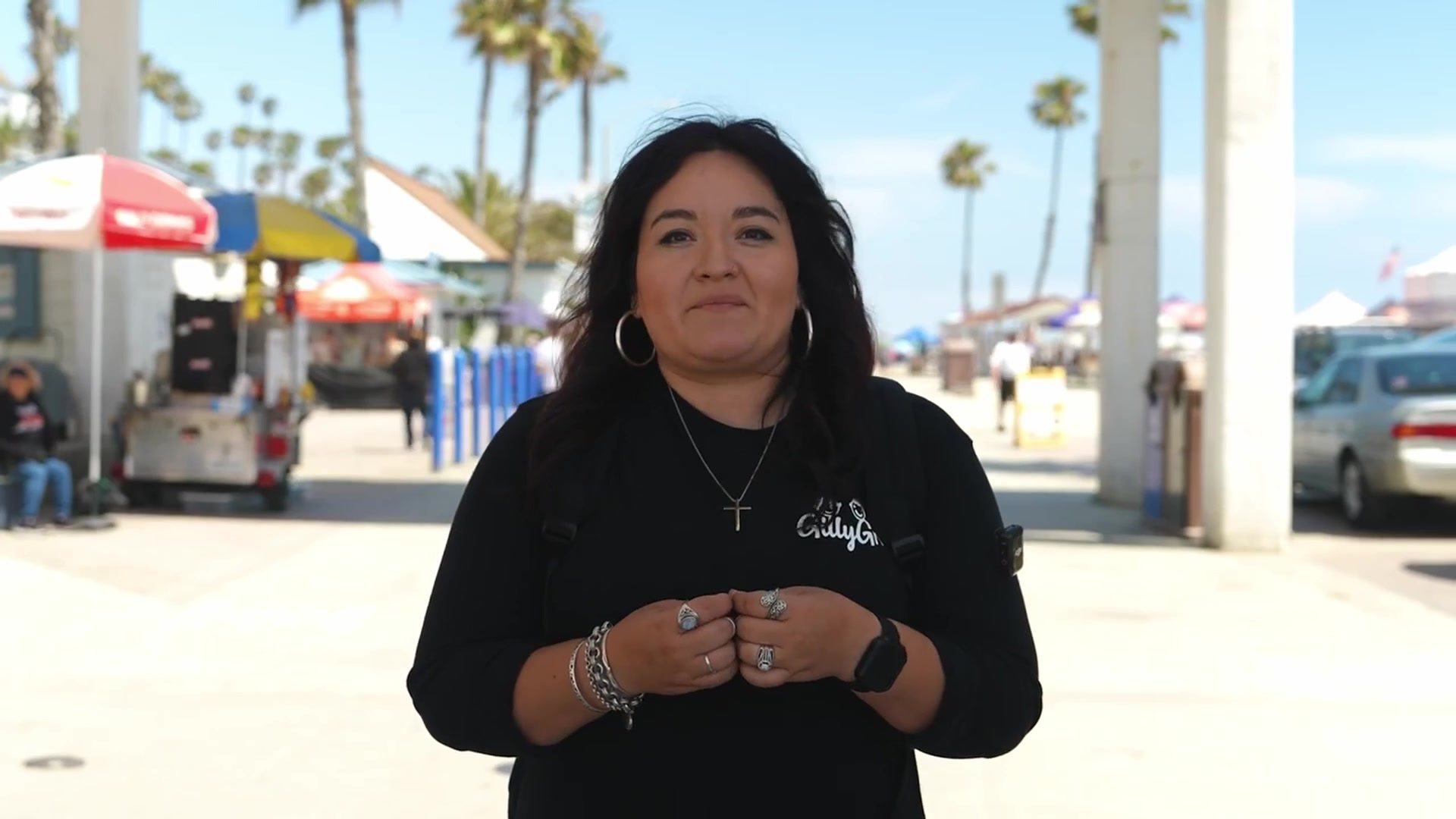 GillyGro founder on camera at the Oceanside pier for her Shark Tank casting video