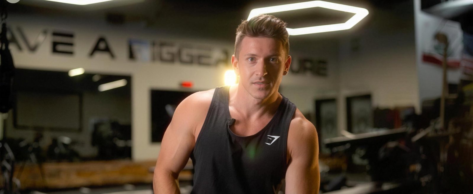 Athlete in a gym under a hexagon light, interview film